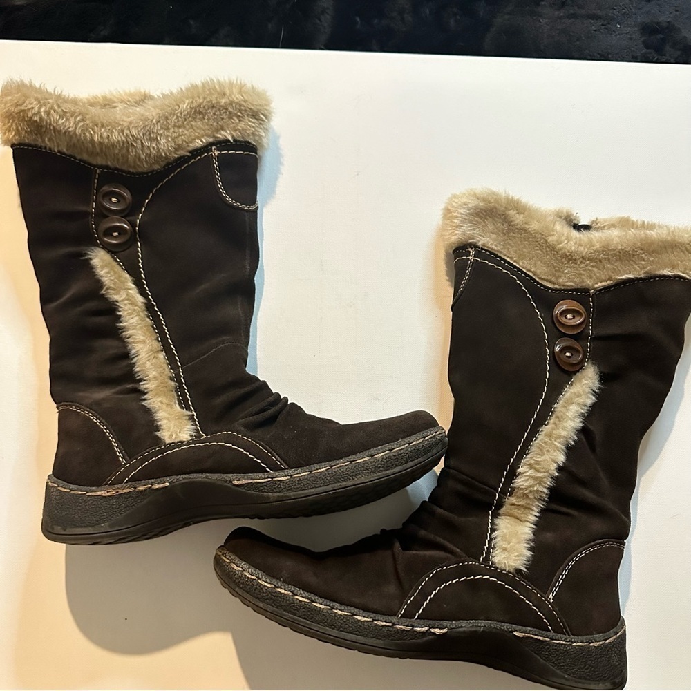 G.H. Bass Otto Suede Snow Boots Women’s 8 Brown Faux Fur Mid Calf Winter - Picture 2 of 13